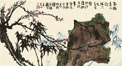 李苦禅作品《红梅竹石图》